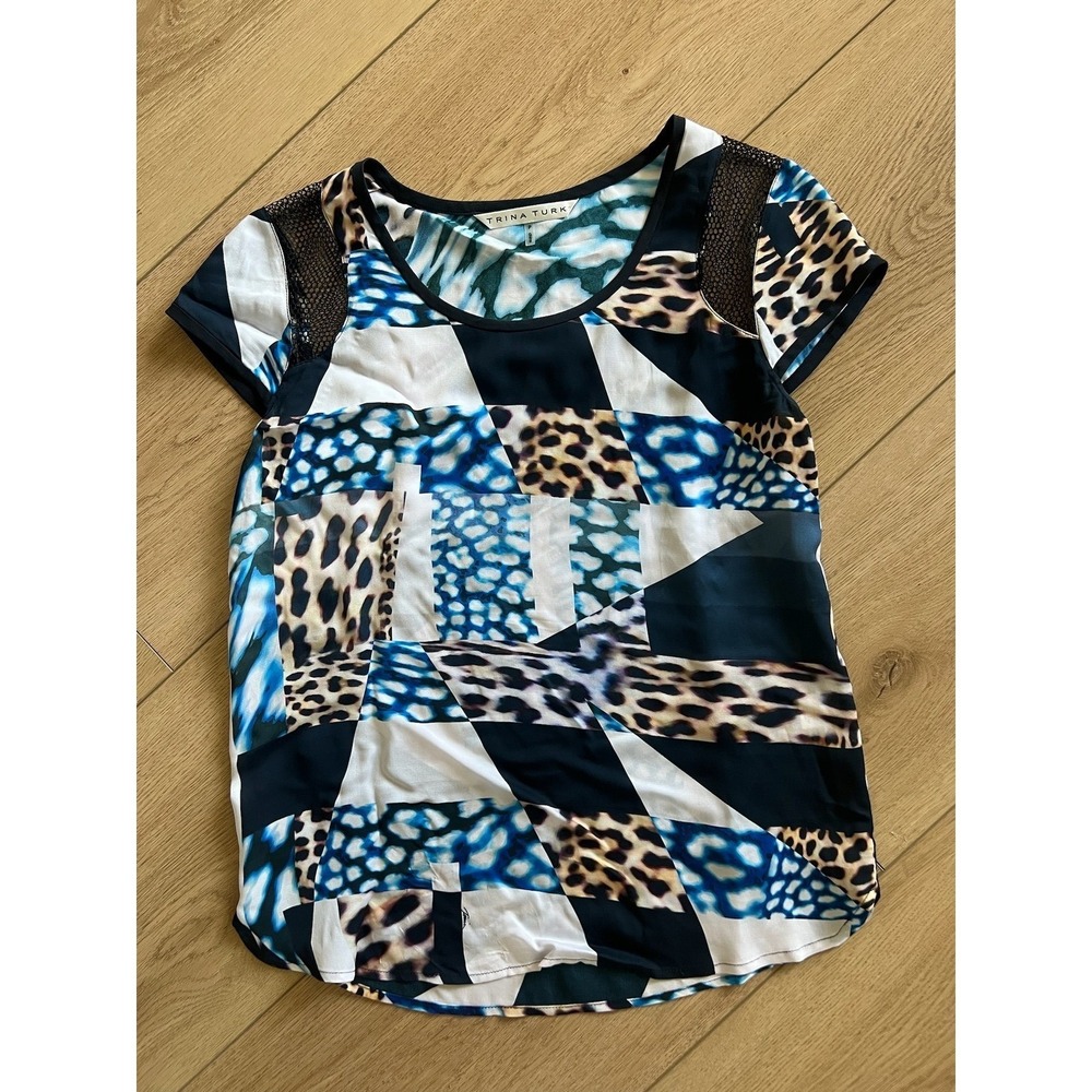 Trina Turk Silk Animal Print Mesh Top Short Sleeve -‎ XS/S